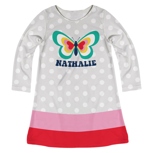 Butterfly Personalized Name Gray Polka Dots Long Sleeve A Line Dress