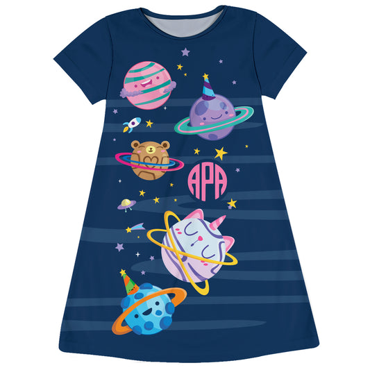 Birthday Planets Personalized Monogram Navy Short Sleeve A Line Dress