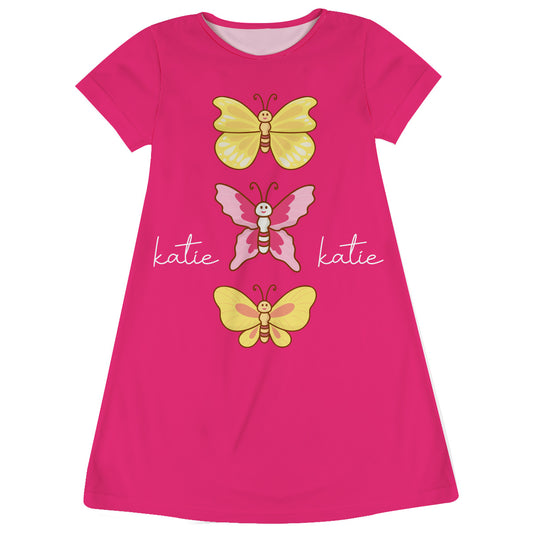 Cute Butterflies Personalized Name Pink Short Sleeve a Line Dress