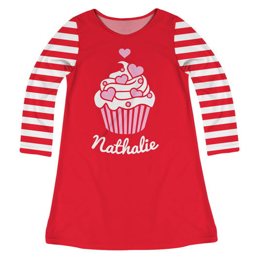 Cupcake Personalized Name Red and White Stripes Long Sleeve A Line Dress