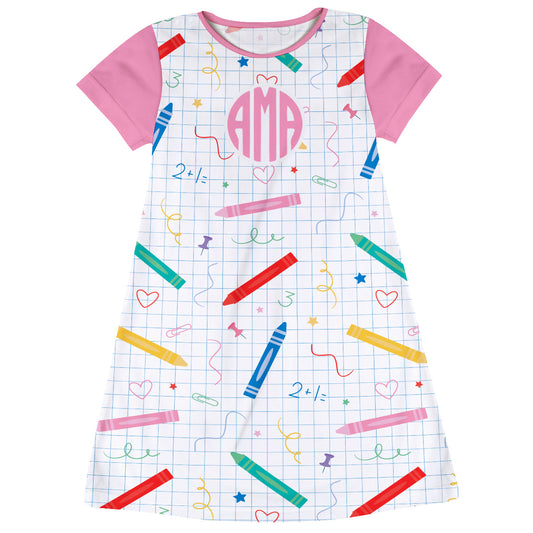 Crayons Personalized Monogram White and Pink Short Sleeve A Line Dress