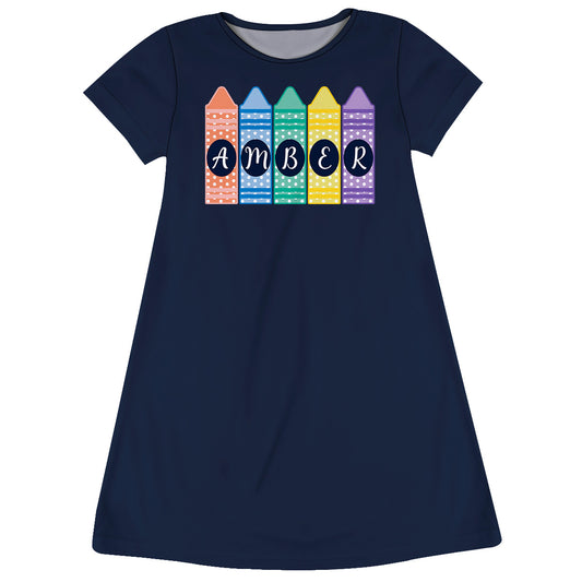 Crayons Personalized Name Navy Short Sleeve A Line Dress