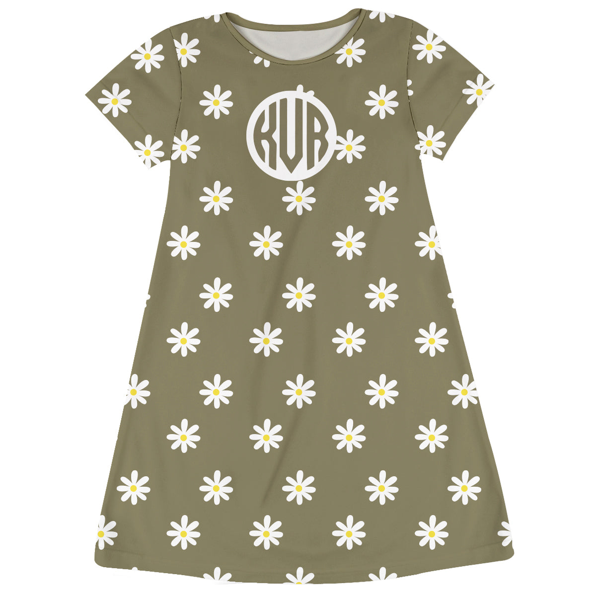 Daisy Flowers Print Personalized Monogram Olive Green Short Sleeve a Line Dress