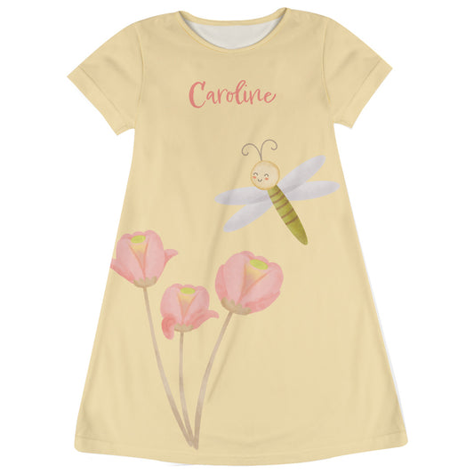 Dragonfly Personalized Name Beige Short Sleeve a Line Dress
