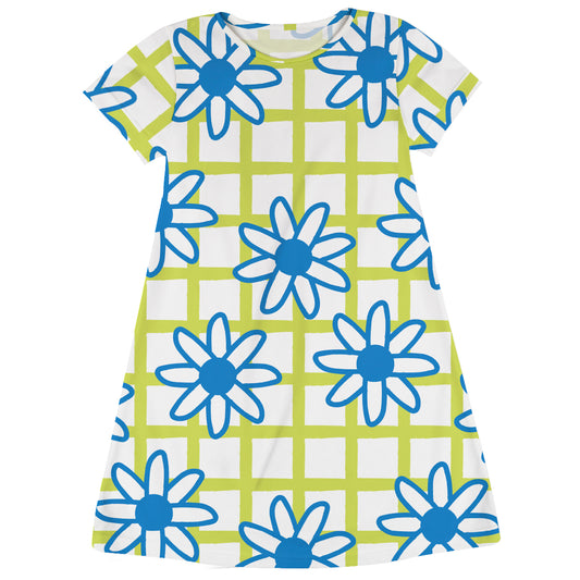 Flowers Print Blue Green and White Check Short Sleeve A Line Dress