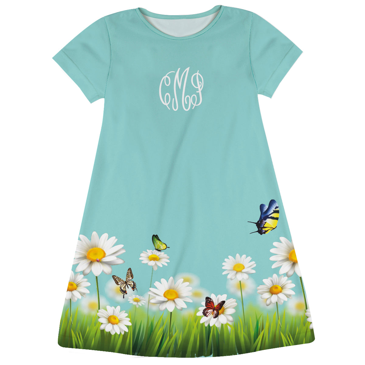 Flowers Personalized Monogram Turquoise Short Sleeve a Line Dress