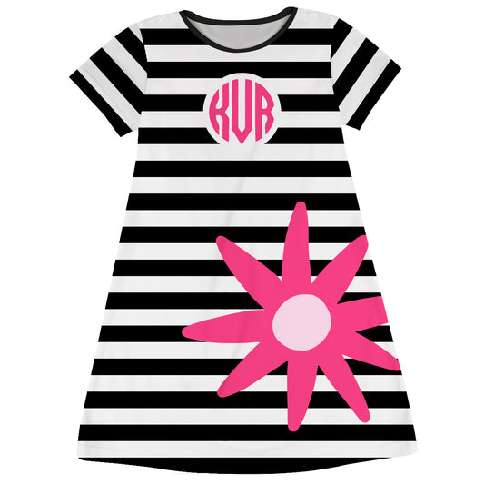 Flower Personalized Monogram Black and White Stripes Short Sleeve a Line Dress