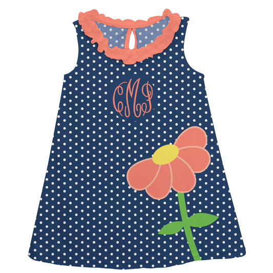 Flower Personalized Monogram Peach Navy and White Polka Dots A Line Dress