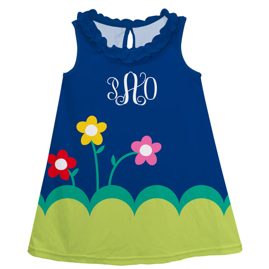 Flowers Personalized Monogram Navy and Green A Line Dress