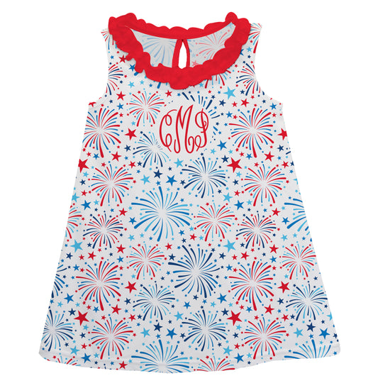 Firework Print Personalized Monogram White and Red A Line Dress