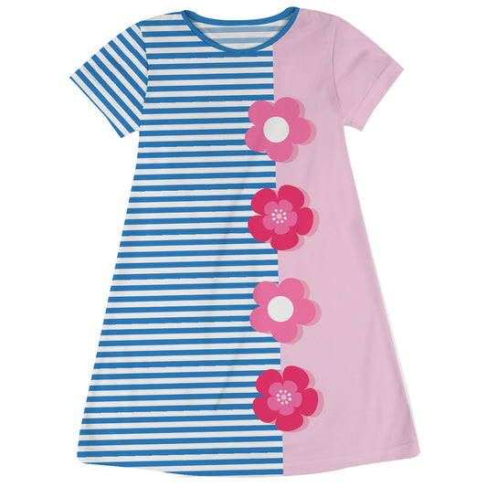 Flowers Blue and Pink Short Sleeve A Line Dress