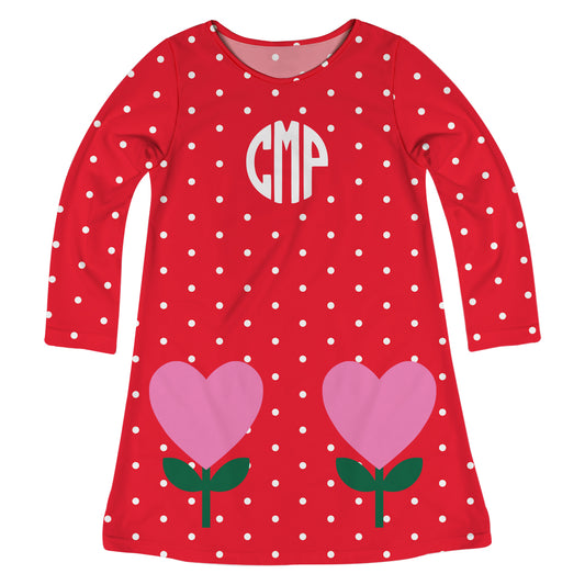 Heart Personalized Monogram Red and White Polka Dots Long Sleeve A Line Dress