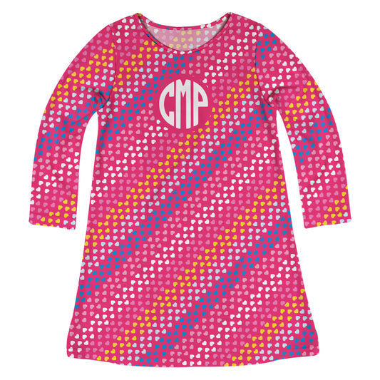 Hearts Print Personalized Monogram Pink Long Sleeve A Line Dress