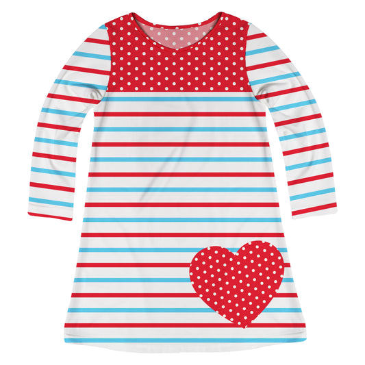 Heart Red White and Turquoise Stripes Long Sleeve A Line Dress