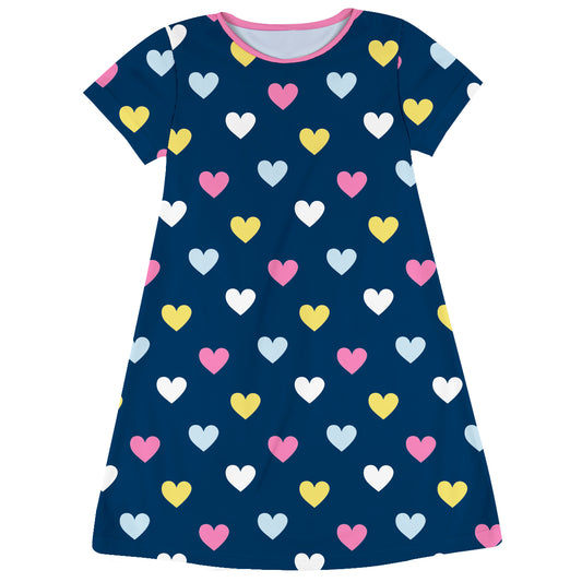 Hearts Print Navy Short Sleeve A Line Dress