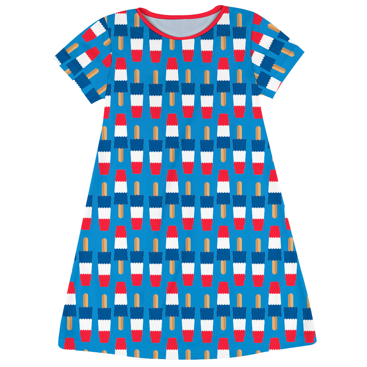 American Ice Cream Print Royal Red and Navy Short Sleeve A Line Dress