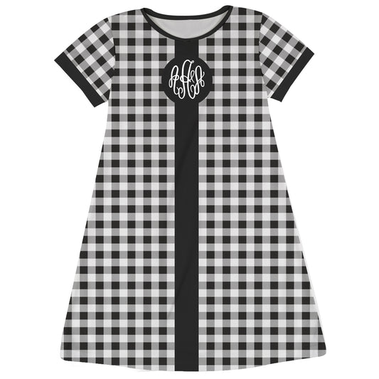 Monogram White And Black Check Short Sleeve A Line Dress