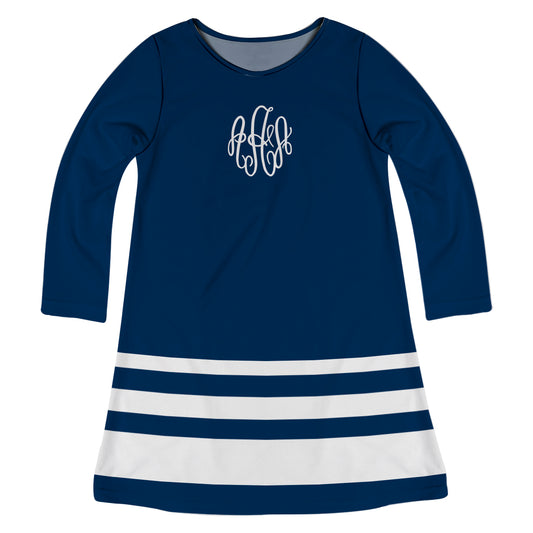 Monogram Navy And White Stripes Long Sleeve A Line Dress - Wimziy&Co.