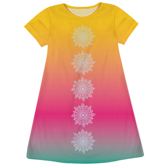 Mandalas Print Yellow and Pink Degrade Short Sleeve A Line Dress - Wimziy&Co.