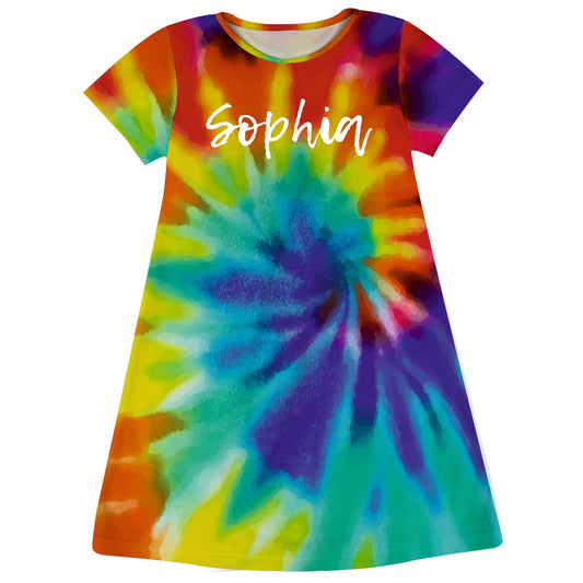 Personalized Name Tie Dye Rainbow Color Short Sleeve A Line Dress - Wimziy&Co.