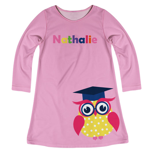 Owl Personalized Name Pink Long Sleeve A Line Dress - Wimziy&Co.