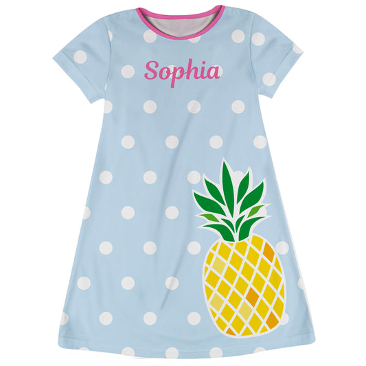 Pineapple Name Light Blue Polka Dots Short Sleeve A Line Dress