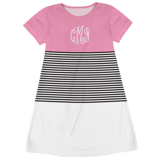 Personalized Monogram Pink Black and White Stripes Short Sleeve A Line Dress