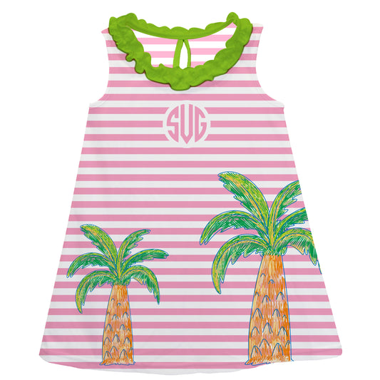 Palms Personalized Monogram Pink and White Stripes A Line Dress