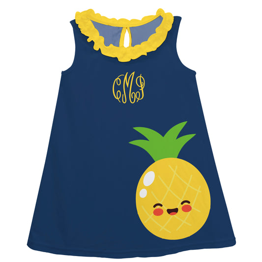 Pineapple Personalized Monogram Navy and Yellow A Line Dress