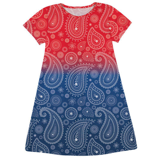 Paisley Print Red and Blue Short Sleeve A Line Dress