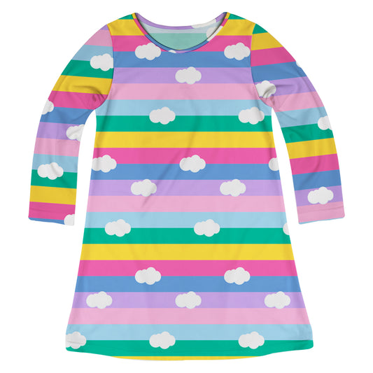 Rainbow And Clouds Print Colors Stripes Long Sleeve A Line Dress - Wimziy&Co.