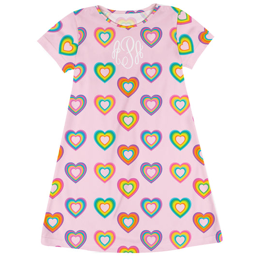 Rainbow Hearts Print Personalized Monogram Pink Short Sleeve A Line Dress