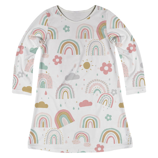 Rainbow and Clouds Print White Long Sleeve A Line Dress