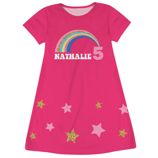 Rainbow Personalized Name and Age Hot Pink Short Sleeve A Line Dress
