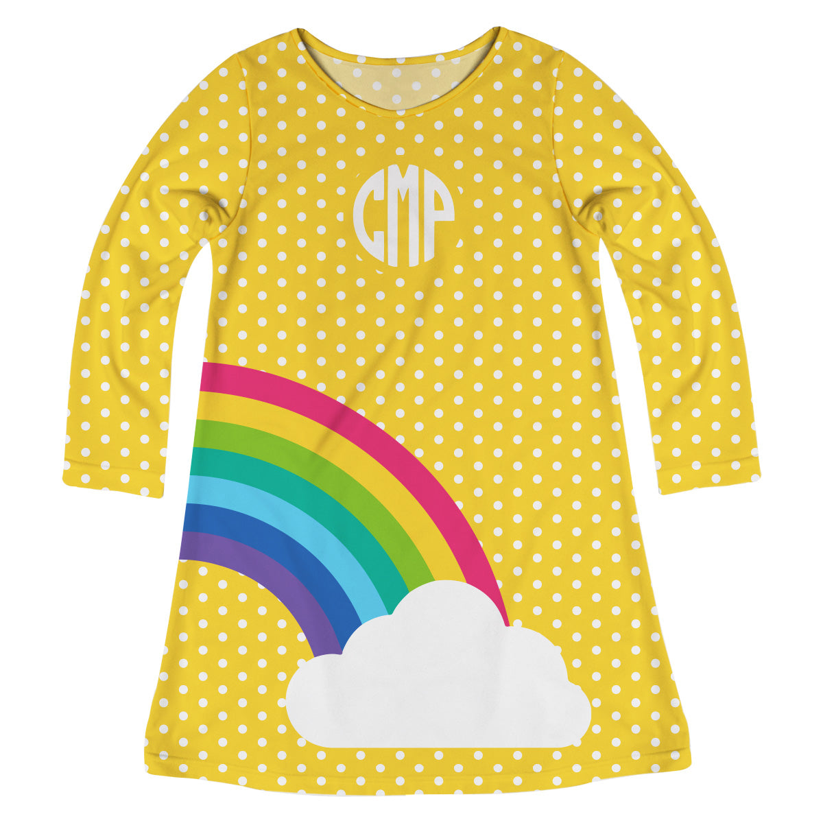 Rainbow Personalized Monogram Yellow and White Polka Dots Long Sleeve A Line Dress