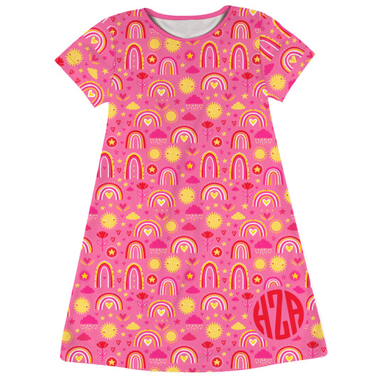 Rainbows Print Personalized Monogram Pink Short Sleeve A Line Dress - Wimziy&Co.