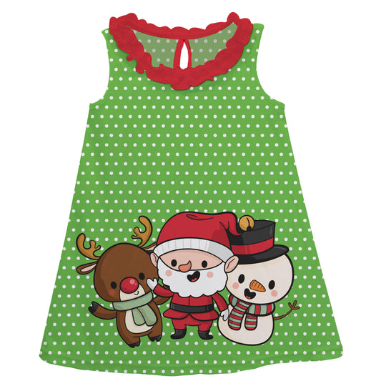 Reindeer Santa and Snowman Polka Dots Green A Line Dress