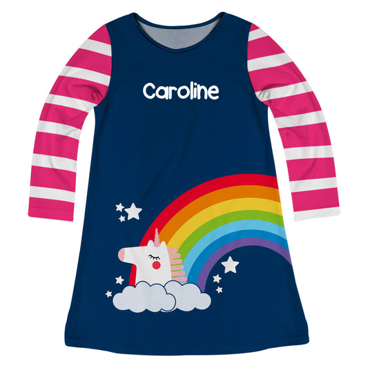 Rainbow and Unicorn Personalized Name Navy Long Sleeve A Line Dress