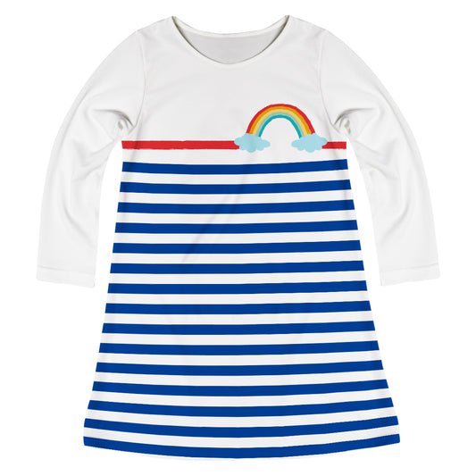 Rainbow White And Royal Stripes Long Sleeve A Line Dress - Wimziy&Co.