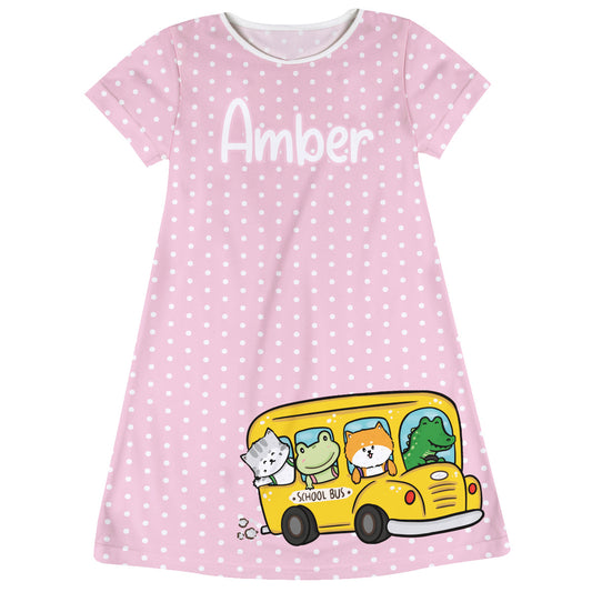 School Bus Personalized Name Light Pink Short Sleeve A Line Dress