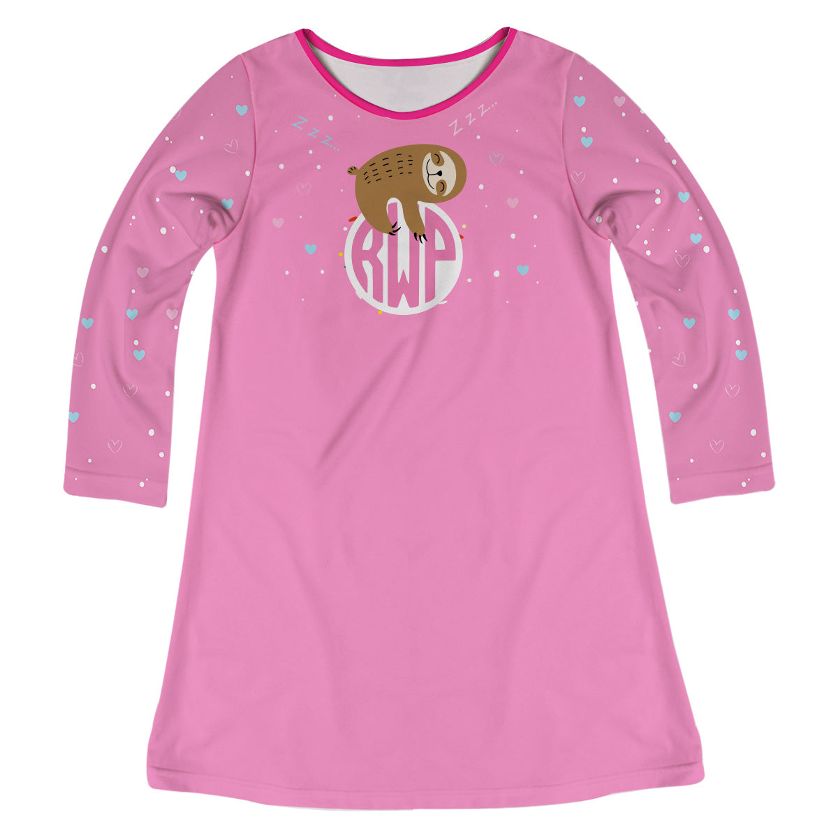 Sloth And Monogram Pink Long Sleeve A Line Dress - Wimziy&Co.