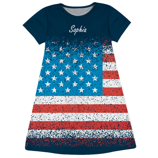USA Flag Personalized Name Navy Short Sleeve A Line Dress