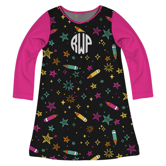 Stars And Pencils Print Monogram Black And Pink Long Sleeve A Line Dress - Wimziy&Co.