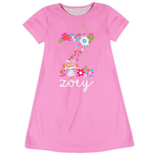 Flowers Initial and Name Pink Short Sleeve A Line Dress