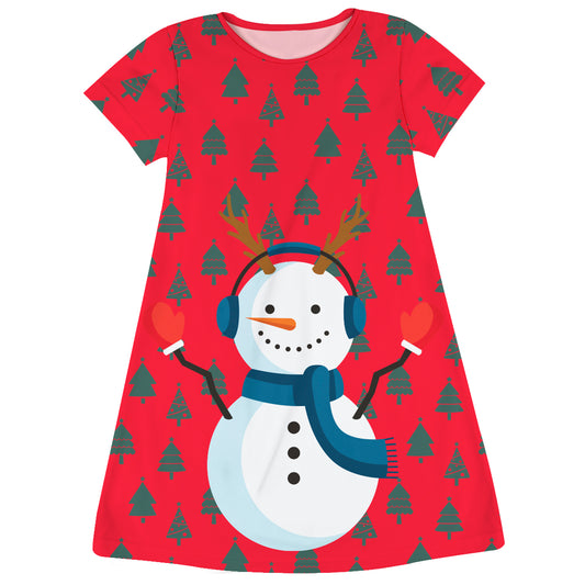 Snowman Print Red  Short Sleeve a Line Dress