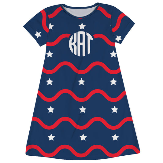 American Stars Print Personalized Monogram Navy and Red Stripes Short Sleeve A Line Dress