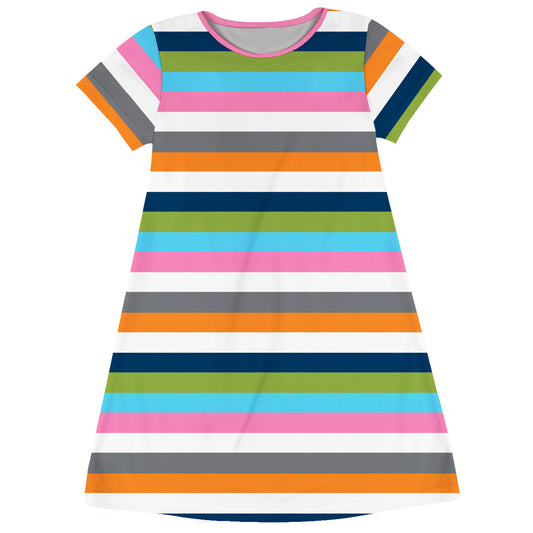 Stripes Print White Pink and Gray Short Sleeve A Line Dress
