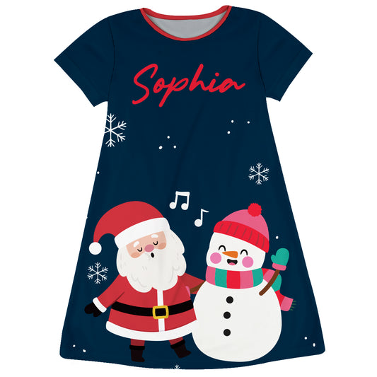 Santa and Snowman Personalized Name Navy Short Sleeve a Line Dress