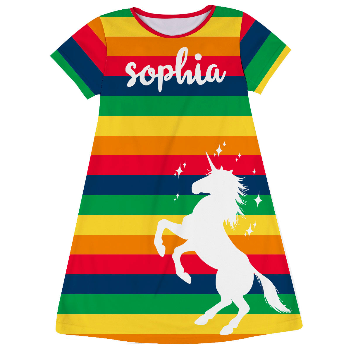 Unicorn Personalized Name Colors Stripes Short Sleeve A Line Dress - Wimziy&Co.