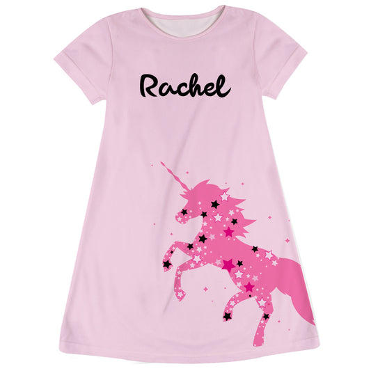 Unicorn and Stars Personalized Name Light Pink Short Sleeve A Line Dress
